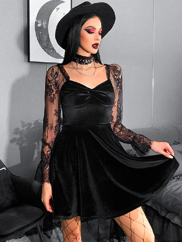 trendy mini dressVelvet Lace Lantern Sleeve Twisted 40s 50s Retro V Neck Backless Bodycon Goth Outfit