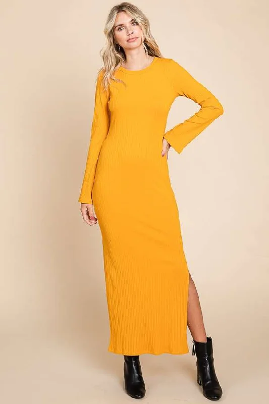 Holiday Sale draped dressYellow Ribbed Side Slit Maxi Dress