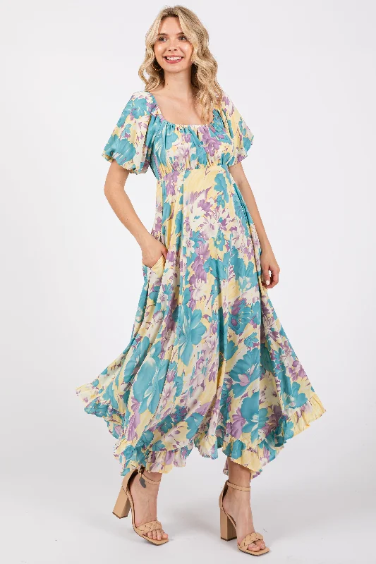 Lowest Price denim dressTeal Floral Puff Sleeve Handkerchief Hem Maxi Dress
