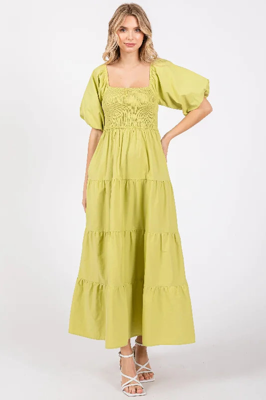 Deal Explosion midi dressLight Olive Smocked Square Neck Puff Sleeve Tiered Maxi Dress Deal Explosion midi dressLight Olive Smocked Square Neck Puff Sleeve Tiered Maxi Dress