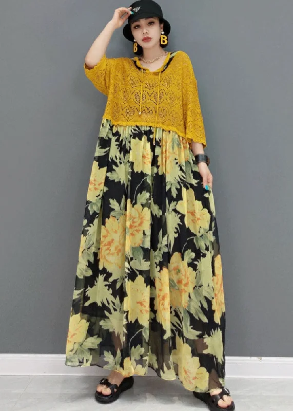 Price Rollback flowy dressItalian Yellow Hooded Patchwork Chiffon Lace Maxi Dresses Bracelet Sleeve