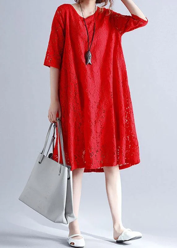 Stock Clearance off-the-shoulder dressLoose Red O-Neck Hollow Out Lace Summer Party Dress Half Sleeve