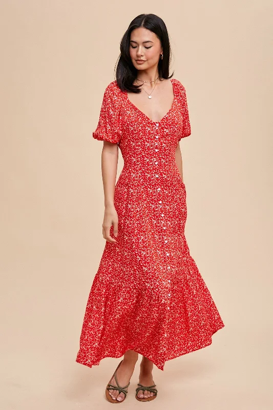 Act Now minimalistic dressCherry Red Floral Sweetheart Button Down Dress