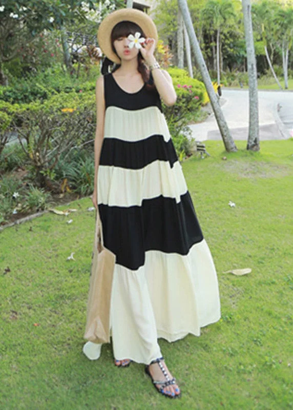 Super Savings casual dressFashion Black White Patchwork O-Neck Tie Waist Chiffon Long Dress Sleeveless