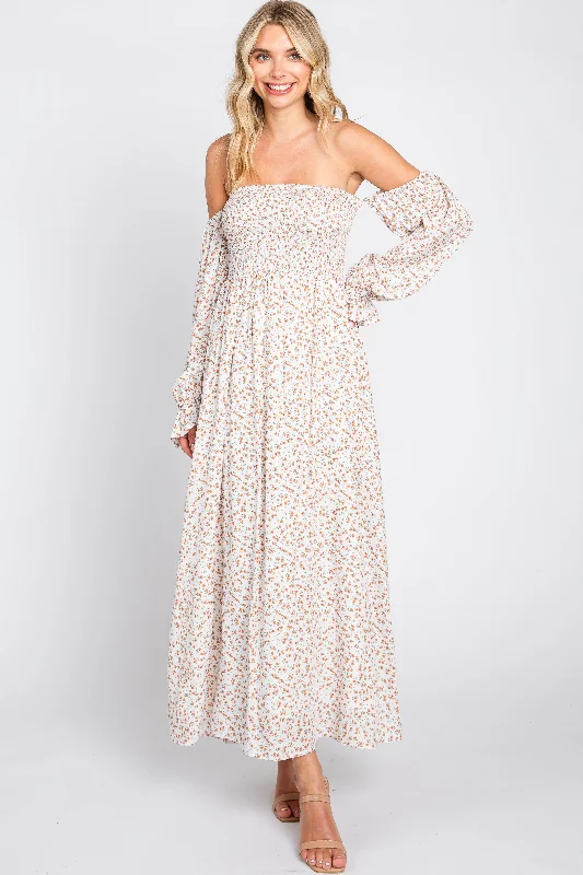 Instant Discount midi dressCream Floral Square Neck Smocked Long Sleeve Maxi Dress