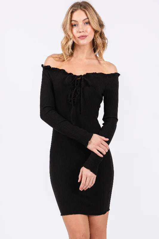 Buy Now winter dressBlack Ruffle Off Shoulder Fitted Mini Dress