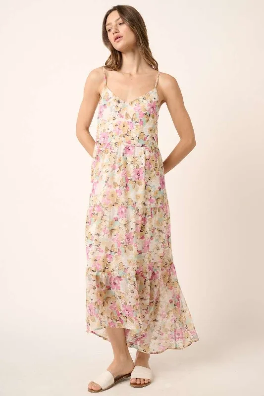 Quick Sale satin dressIvory Flower Print V Neck Ruffle Tier Detail Maxi Dress