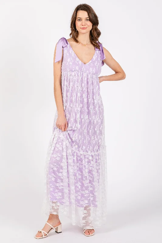 Limited Edition modern dressLavender V-Neck Satin Tie Lace Overlay Maxi Dress