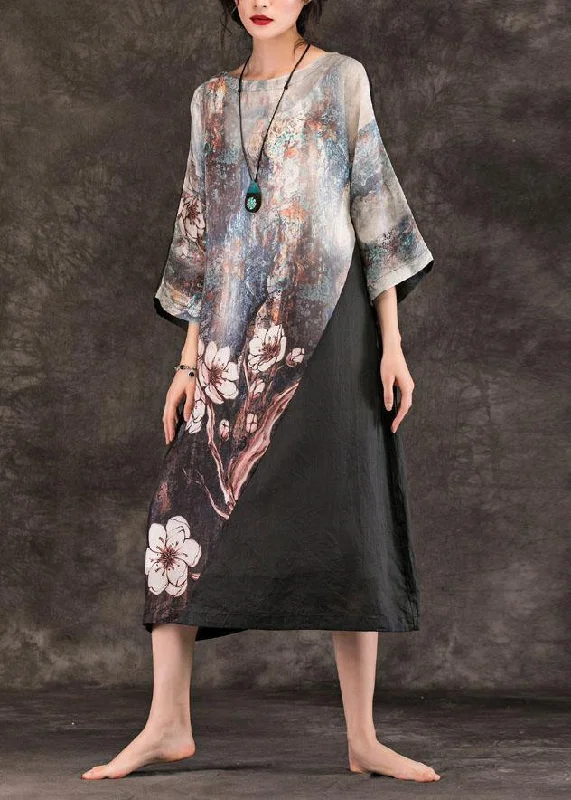Unmissable Offer pleated maxi dressWomen o neck patchwork linen clothes For Women Runway black print Dress summer