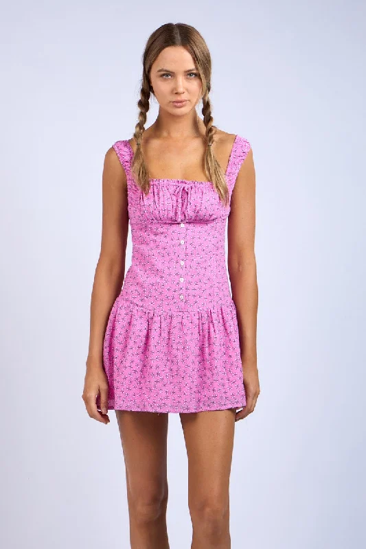 Clearance Items long sleeve dressPink Floral Pattern Ruched Bust Wide Strap Mini Dress