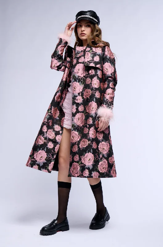 Final Clearance urban casual coatMOMMA IS ALWAYS RIGHT FLORAL TRENCH WITH FEATHERS