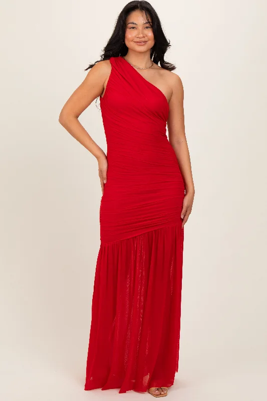 Instant Savings lace-up dressRed Ruched Mesh One Shoulder Maxi Dress