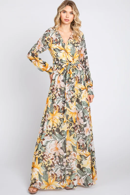 Shop and Save summer floral dressYellow Floral Chiffon Wrap Front V-Neck Long Sleeve Maxi Dress