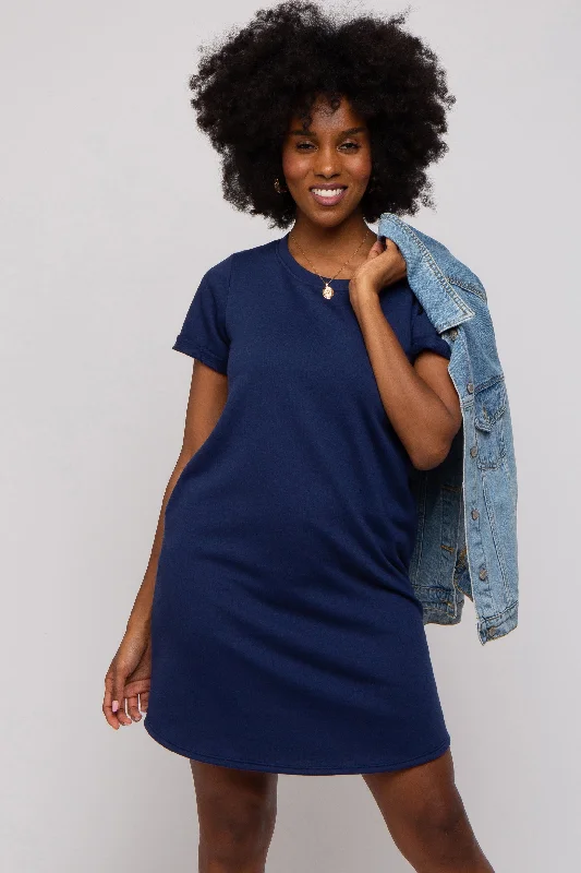 Factory Direct Sale casual slip dressNavy French Terry Cuffed Short Sleeve Dress