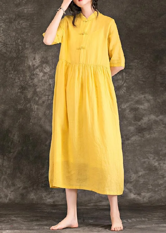 Fantastic Deals casual slip dressWomen yellow linen clothes plus size Outfits stand collar Half sleeve long Summer Dresses