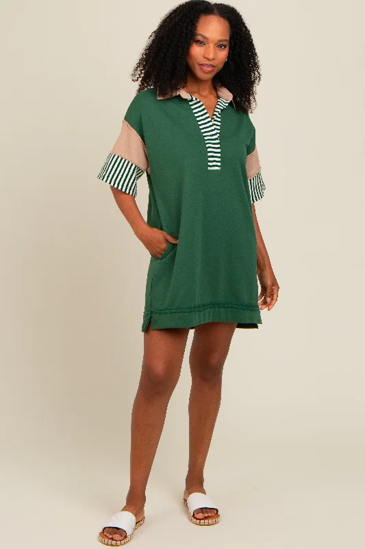 Deal Dash relaxed fit dressForest Green Striped Color Block Collared Terry Dress