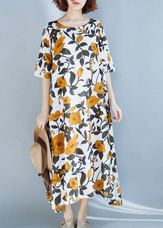 Reduced Prices modern dressWomen yellow cotton Robes prints A Line summer Dresses