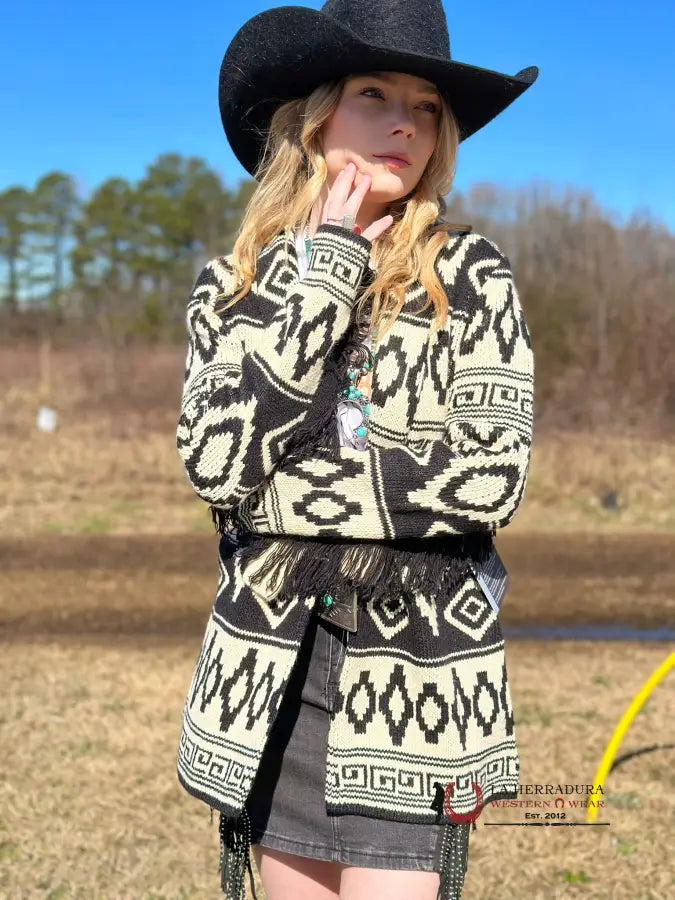 Price Drop Rock&Roll Womens Beige/Black Aztec Print Fringe Cardigan Front Tie