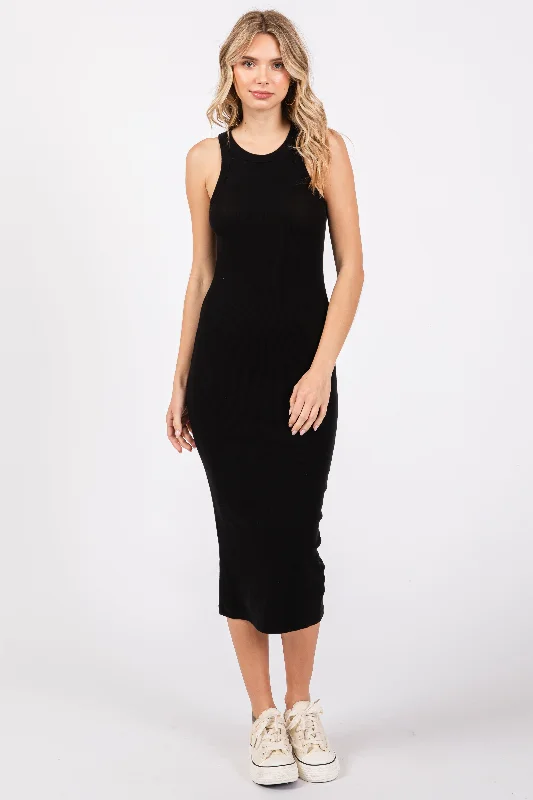 Super Bargain sleek dressBlack Sleeveless Ribbed Fitted Midi Dress
