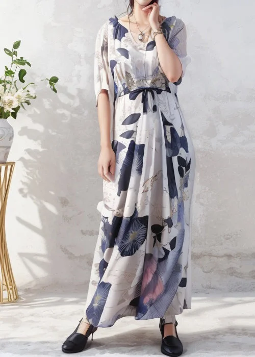 v-neck dressOrganic O Neck Print Wrinkled Silk Long Dress Summer