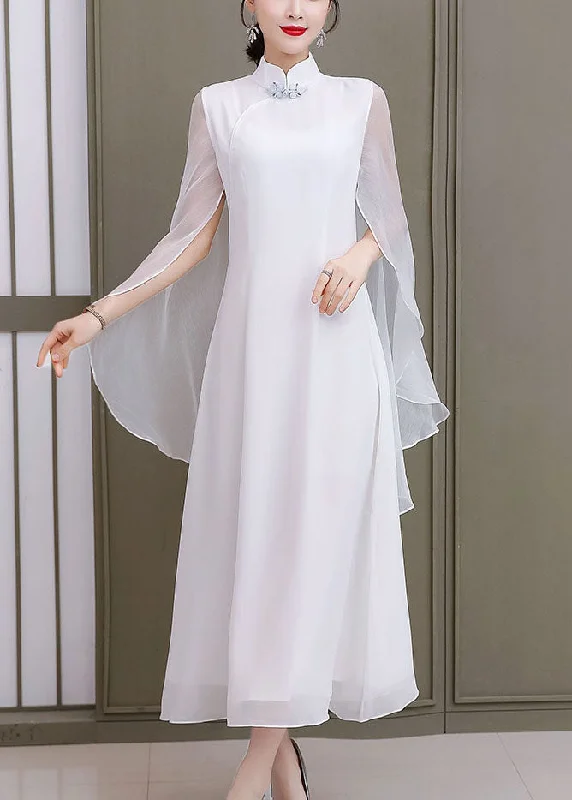 Customer Appreciation Sale midi dressVintage White Solid Mandarin Collar Shawl Chiffon Cheongsam Dress Sleeveless Customer Appreciation Sale midi dressVintage White Solid Mandarin Collar Shawl Chiffon Cheongsam Dress Sleeveless