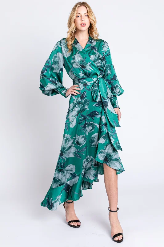 Discount Days off-the-shoulder dressGreen Satin Asymmetrical Flounce Trim Midi Dress Discount Days off-the-shoulder dressGreen Satin Asymmetrical Flounce Trim Midi Dress