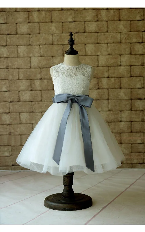 minimalistic dressIvory Lace Tulle Flower Girl Dress With Sash and Bow-ET_401640