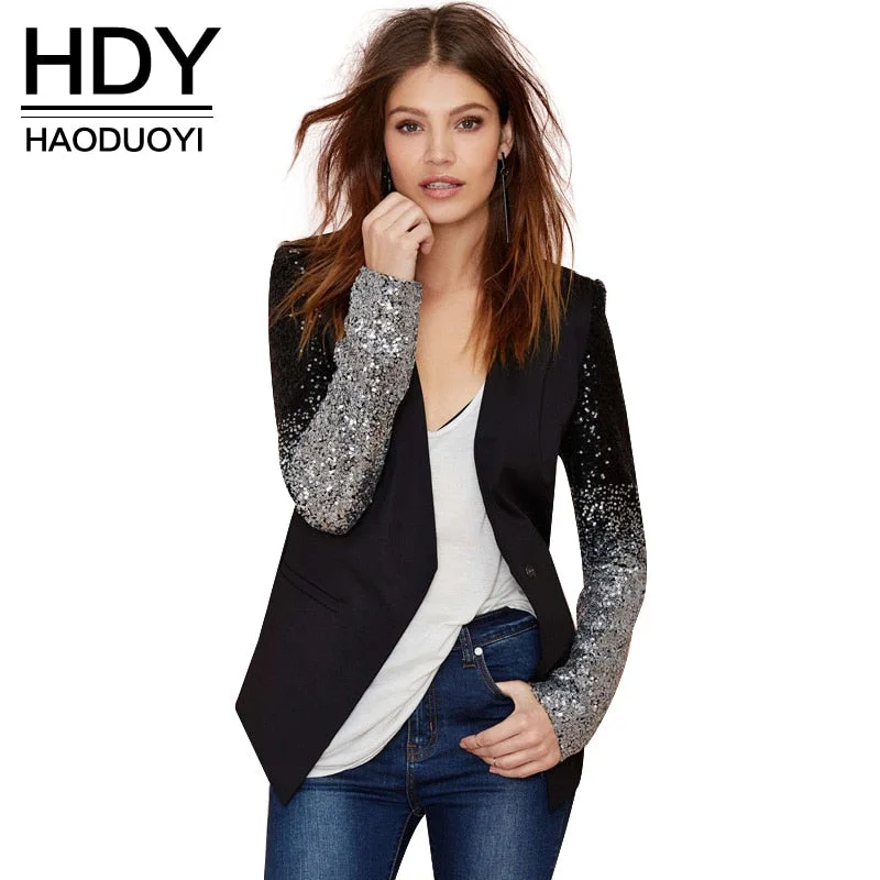 retro coatHDY Haoduoyi Spring Sequin Patchwork Sleeve Jackets PU Leather Slim Fit Club Jacket Causal Winter Coats Female Outwear Hot Sell