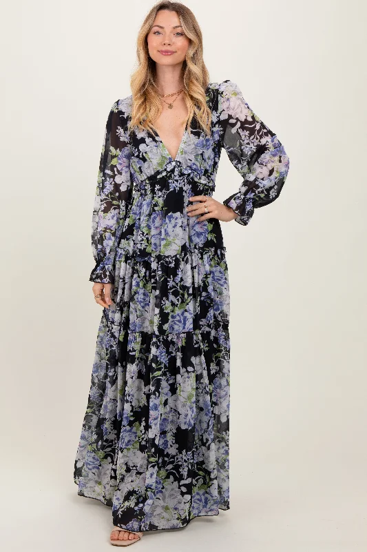 Last Chance velvet dressBlack Floral Chiffon Deep V Ruffle Tiered Maxi Dress