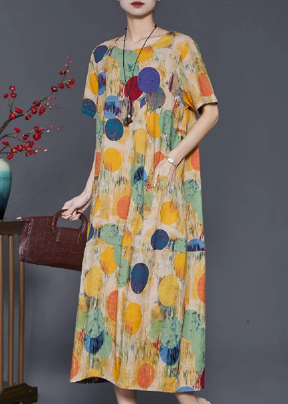 ruched dressBoho Yellow O-Neck Print Cotton Long Dresses Summer