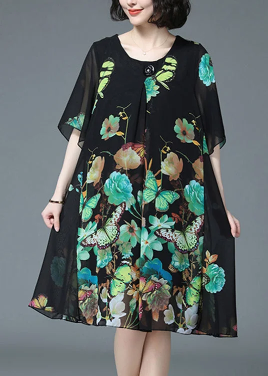 Overstock lace-up dressLoose Green Butterfly Print O-Neck Chiffon Dress Half Sleeve