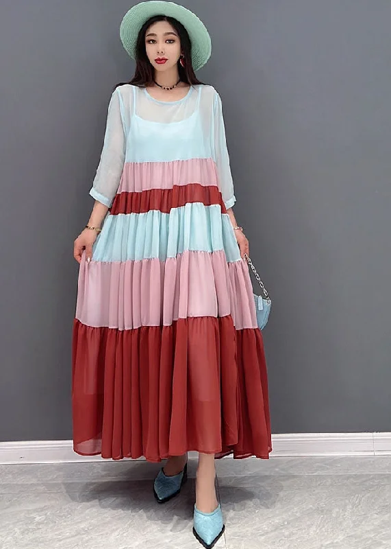 Anniversary Sale comfy dressClassy Colorblock O-Neck Patchwork Layered Chiffon Pleated Long Dress Bracelet Sleeve