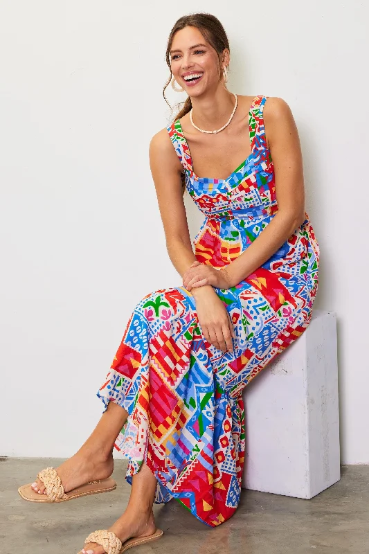Exclusive Offers ruched dressBlue Multi-Color Abstract Print Tiered Maxi Dress
