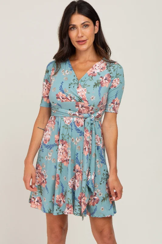 Best Deals stylish dressMint Green Floral Waist Tie Dress