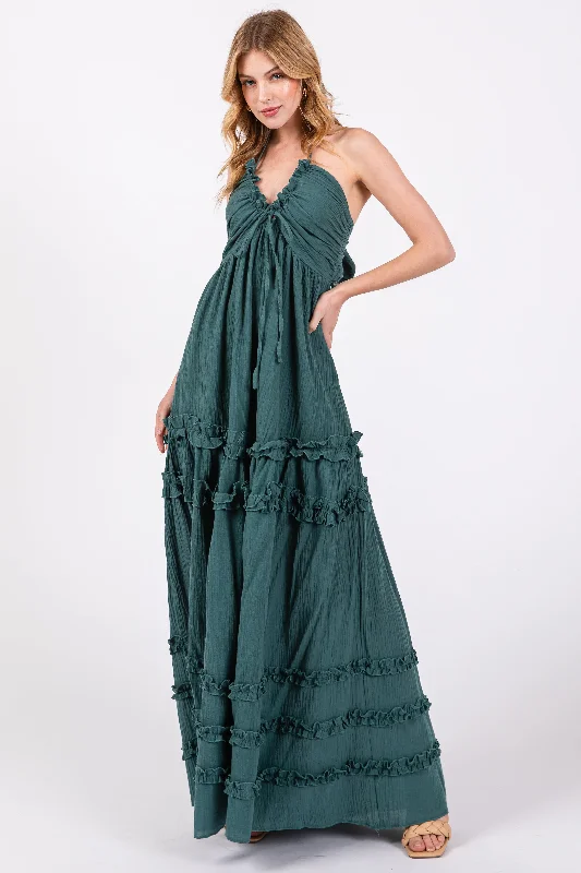 Massive Deals flowy dressDark Teal Ruffle Ruched Deep V-Neck Maxi Dress