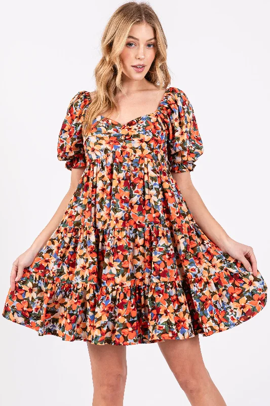 Best Bargains draped dressOrange Multi-Color Floral Puff Sleeve Ruffle Hem Dress