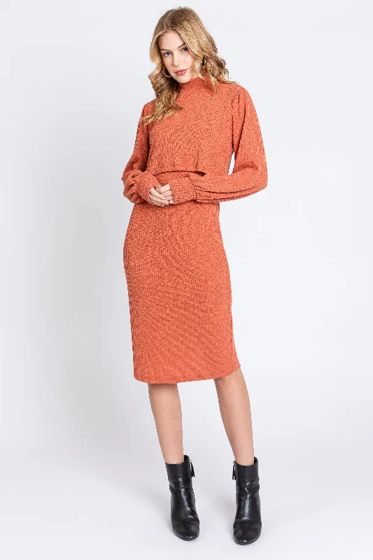 Warehouse Sale lace-up dressRust Rib Knit Mock Neck Nursing Dress