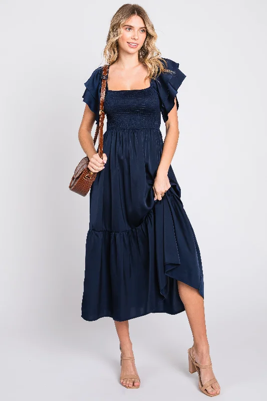 Friends and Family Sale off-shoulder dressNavy Satin Flutter Sleeve Midi Dress