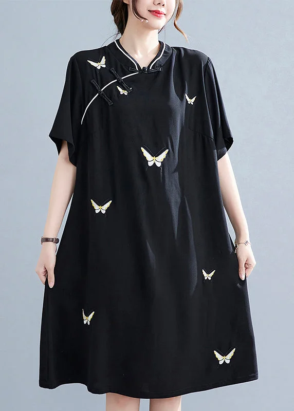 Limited Time Discount high-waisted dressVintage Black Stand Collar Button Butterfly Embroideried Cheongsam Dresses Short Sleeve Limited Time Discount high-waisted dressVintage Black Stand Collar Button Butterfly Embroideried Cheongsam Dresses Short Sleeve