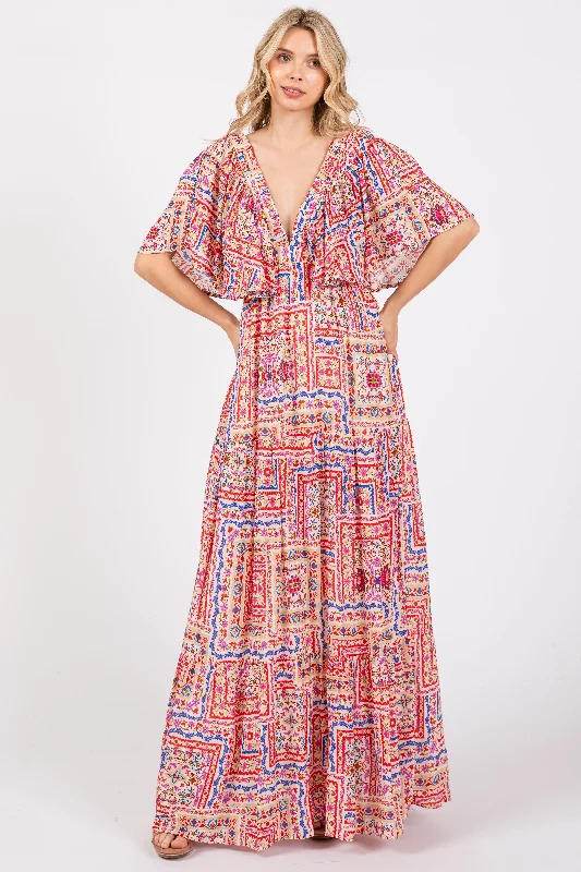Bargain Bin comfy dressMulticolor Floral Deep V-Neck Tiered Maxi Dress