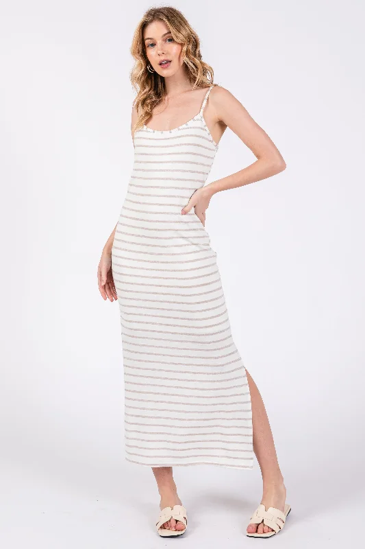 Great Deals chic slip dressMocha Striped Knit Side Slit Sleeveless Midi Dress