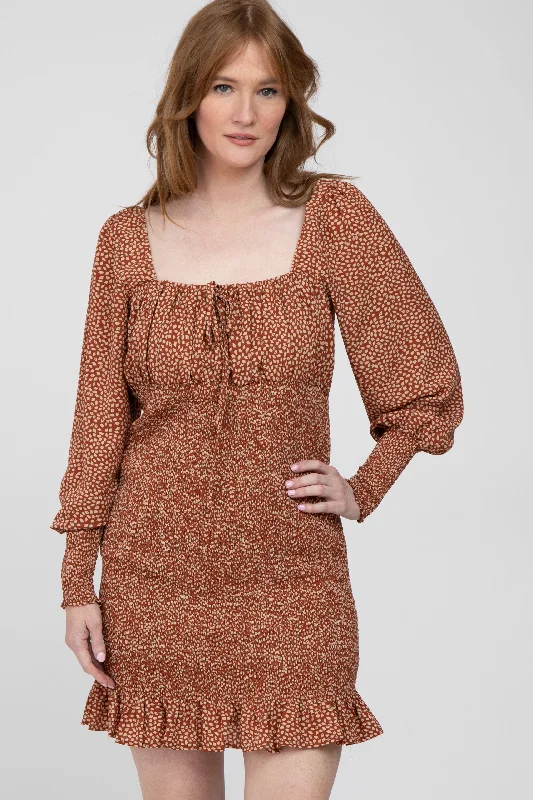 Price Meltdown stylish dressRust Leaf Print Smocked Dress