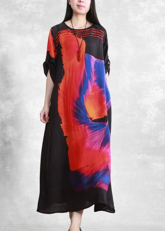 Value Deals luxury dressLoose Black O-Neck Print Pockets Silk Dress Half Sleeve