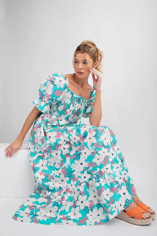 Today’s Deal casual knit dressAqua Floral Puff Sleeve Maxi Dress