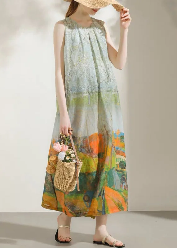 ruffle dressFrench Green O-Neck Print Cotton Long Dress Sleeveless