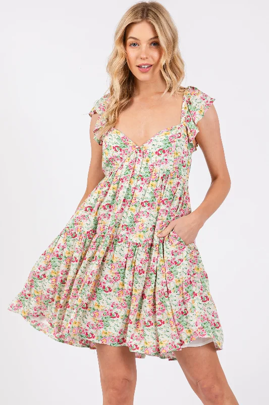 Deal Dash floral dressCream Floral Tiered Mini Dress