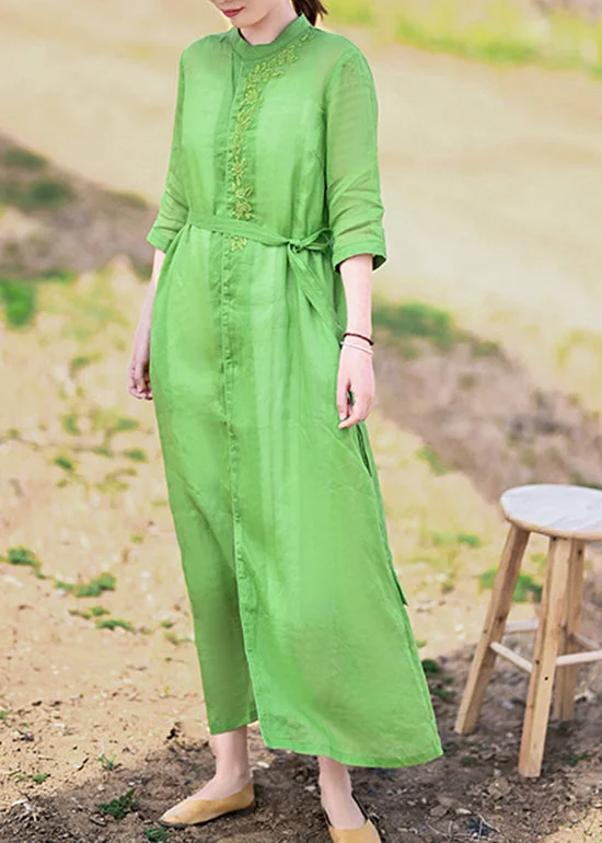 Mega Deal formal dressFine Green Stand Collar tie waist Embroideried Linen Party Dress Half Sleeve Mega Deal formal dressFine Green Stand Collar tie waist Embroideried Linen Party Dress Half Sleeve