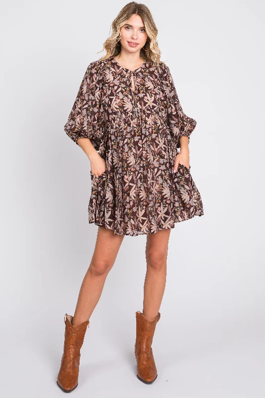 Incredible Offers knit dressBrown Floral 3/4 Sleeve Dress
