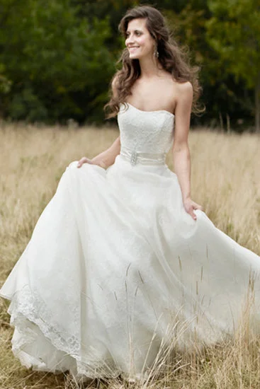 satin midi dressRomantic Sweetheart Sleeveless Wedding Dress With Belt-MK_701050