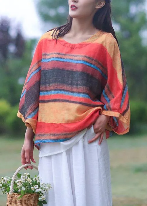 Quick Sale form-fitting dressWomen striped linen shirts women o neck Batwing Sleeve loose summer blouses